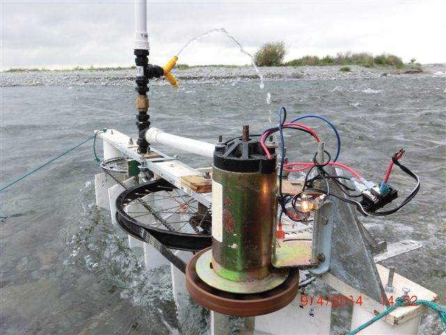 Mini linear turbine test in the Rakaia River, Canterbury, 9 April 2014