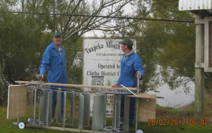 Tuapeka linear turbine ready for launching in the Clutha River at Tuapeka Punt, 26 February 2012
